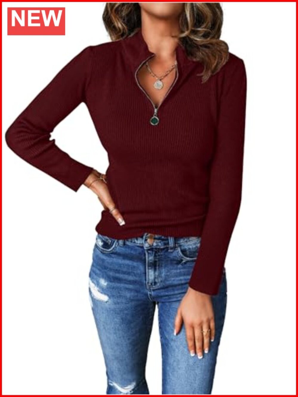 Quarter Zip Mock Neck Rib Fitted Sweater Long Sleeve Pullover
